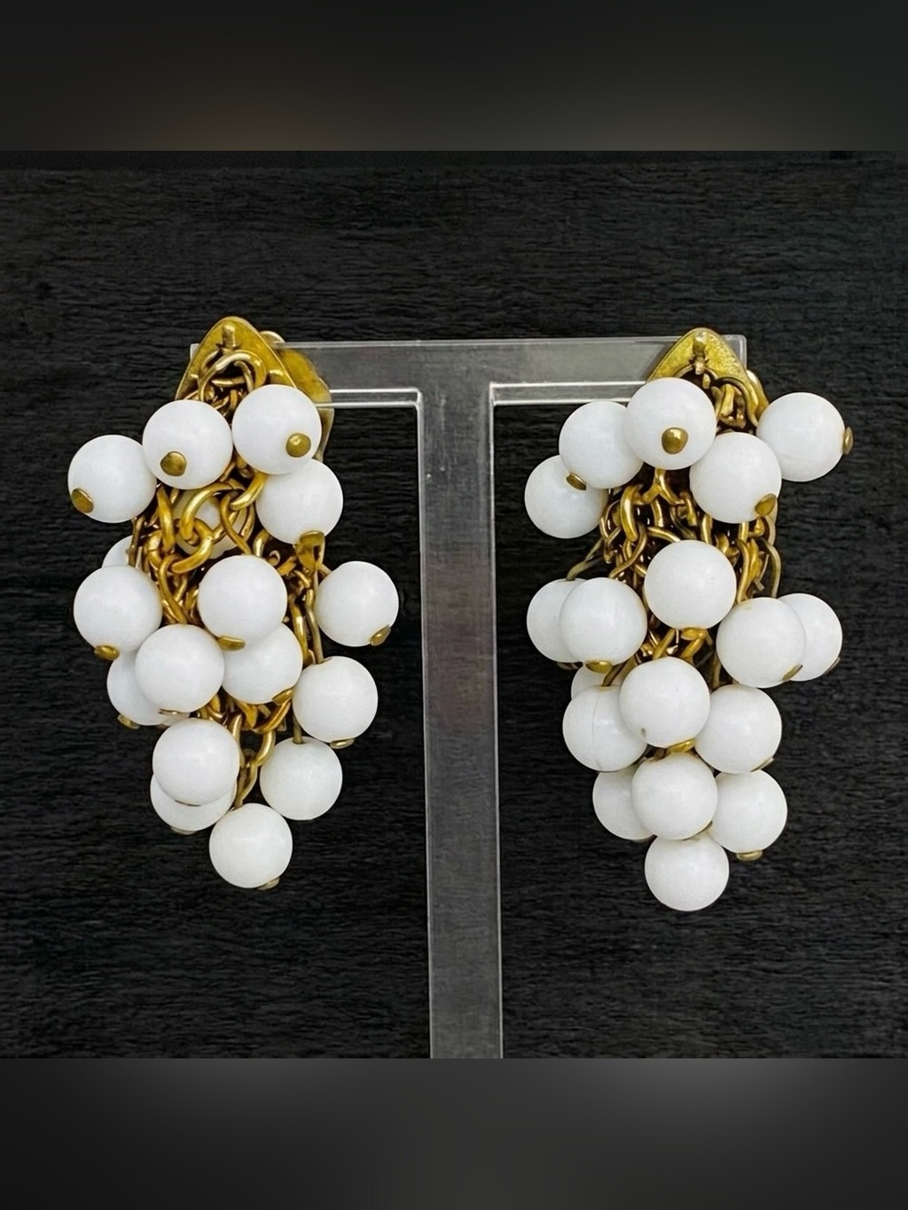 Vintage 60s White Cha Cha Beaded Articulated Waterfall Clip On Earrings